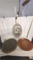 Vintage framed oval artwork and two round trays