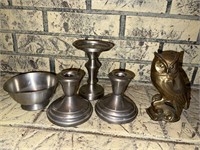 Brass Owl, Silver Candle Holder & Bowl