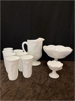 Milk Glass Harvest Grape Pitcher, Tumblers, Bowl