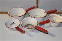 5 red and white enamel bowls, small