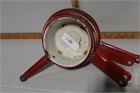 5 red and white Enamel bowls, small