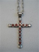 Zuni Sterling Silver & Coral Cross Necklace