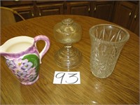 Pitcher, Oil lamp (cracked on top), Vase, Crystal