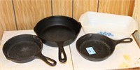 TWO LODGE #3 CAST IRON SKILLETS, #5 NO NAME CAST