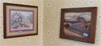 WALL HANGING OIL LAMP AND 3 FRAMED PRINTS