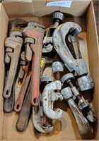 FLAT BOX OF PIPE WRENCHES & PIPE CUTTERS