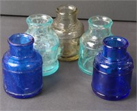 5 x Colored Glass Vtg Ink Bottles