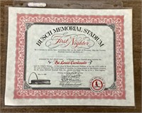 Busch Memorial Stadium First Night certificate