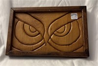 Wood carved owl face 11.75” x 7.75”, frame needs
