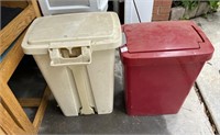 2 plastic garbage cans 1-17” T x 13.5” x 10” &