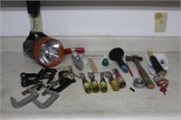 Flashlight, C clamps, chisels, pad locks, wood