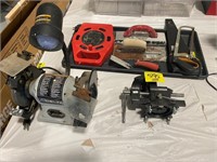 DELTA BENCH GRINDER, BESSEY VISE, HAND SAWS,