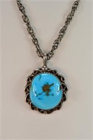 Indian Silver Turquoise Pendant on 28" Chain