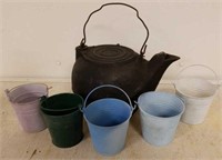 Large Cast Iron Teapot and 5 Metal Flower Pots