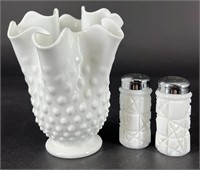 Fenton Hobnail Handkerchief Vase & Milk S&P