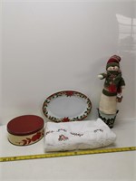 tray of Christmas items, snowman decoration, etc.