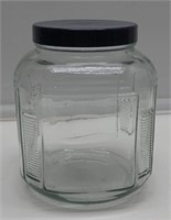 VINTAGE 8" GLASS CANISTER W/BLUE CAP NICE CON.