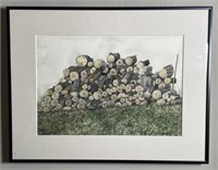 Framed Signed Artwork Of Log Pile 
Appr 18x14 in