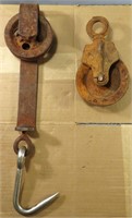 VINTAGE CAST IRON MEAT HOOK AND PULLEY.