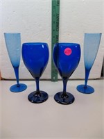 4 Vintage Cobalt Blue Glasses 2 wine flutes &