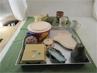 Large Square Tray with many Pottery Pieces