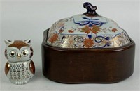 Porcelain Owl & Lidded Wooden Box