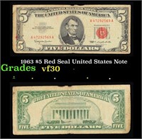 1963 $5 Red Seal United States Note Grades vf++