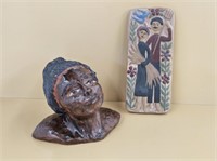 2 PIECES OF REDWARE - SCULPTED LADY BUST & PLAQUE
