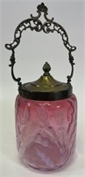 Antique Cranberry Opalescent Glass Biscuit Jar