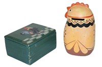 ceramic rooster bank & wooden trinket box