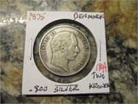 1875 Denmark .800 Silver Two Kroner