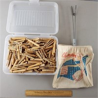 Vintage Wooden Clothes Pins w/ Bag & Wash Board
