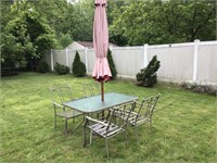 PATIO SET - TABLE, 4 CHAIRS, UMBRELLA, STAND