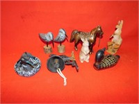 Selection of ornaments, birds, brass horse,