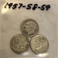 SILVER Roosevelt Dime LOT 1957 1958 & 1959