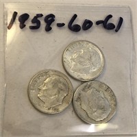 SILVER Roosevelt Dime LOT 1959 1960 & 1961