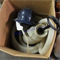 Sprayer, hose, blue hard hat