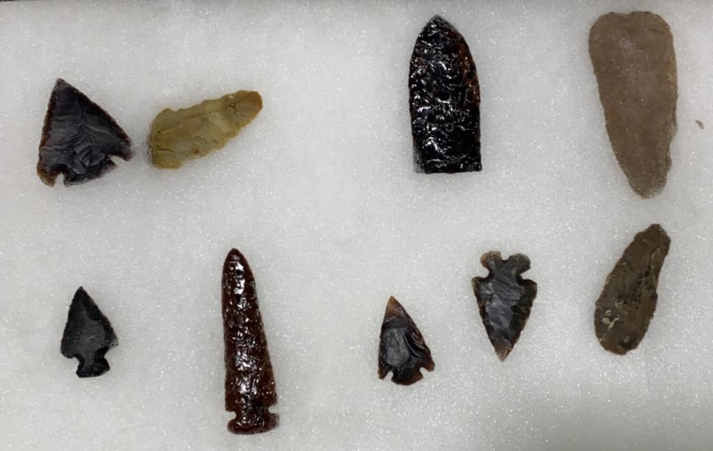 Native American artifacts in glass top display