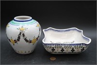 Vtg. Portugal H.P. Porcelain Floral Vase & Bowl