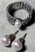 Braided Rope w/Pearl Ring sz 5 1/2 & Earrings