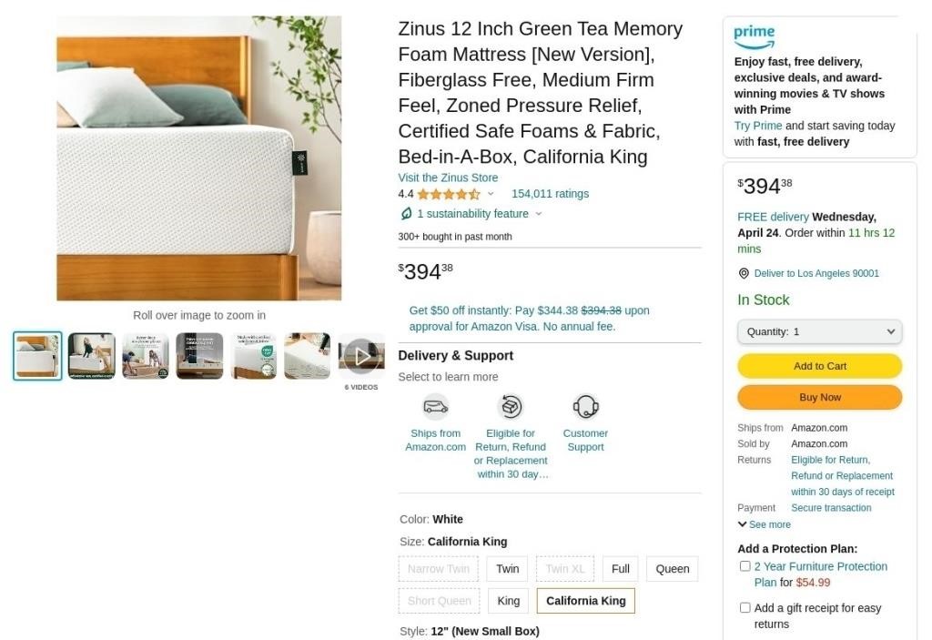 W8798  Zinus Green Tea Memory Foam Mattress King