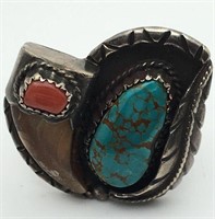 Sterling Silver, Turquoise, Coral & Claw Ring