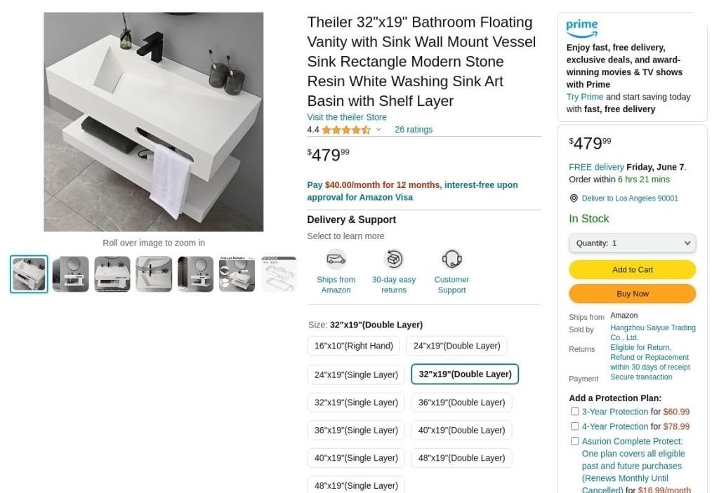 B5139  Theiler 32"x19" Floating Vanity Sink, Shelf