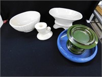 Pottery: blue 8" flat bowl - Brush & Haeger white