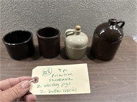 4pc primitive stoneware whiskey jugs butter crocks