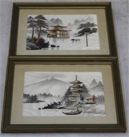 Pair Framed Oriental Silk Prints