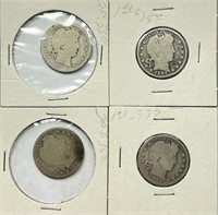 Lot of (4) 90% Silver Barber Quarters