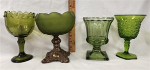 Green Glass Pedestal: Goblets, Candy Dish, Short