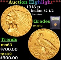 ***Auction Highlight*** 1913-p Gold Indian Quarter
