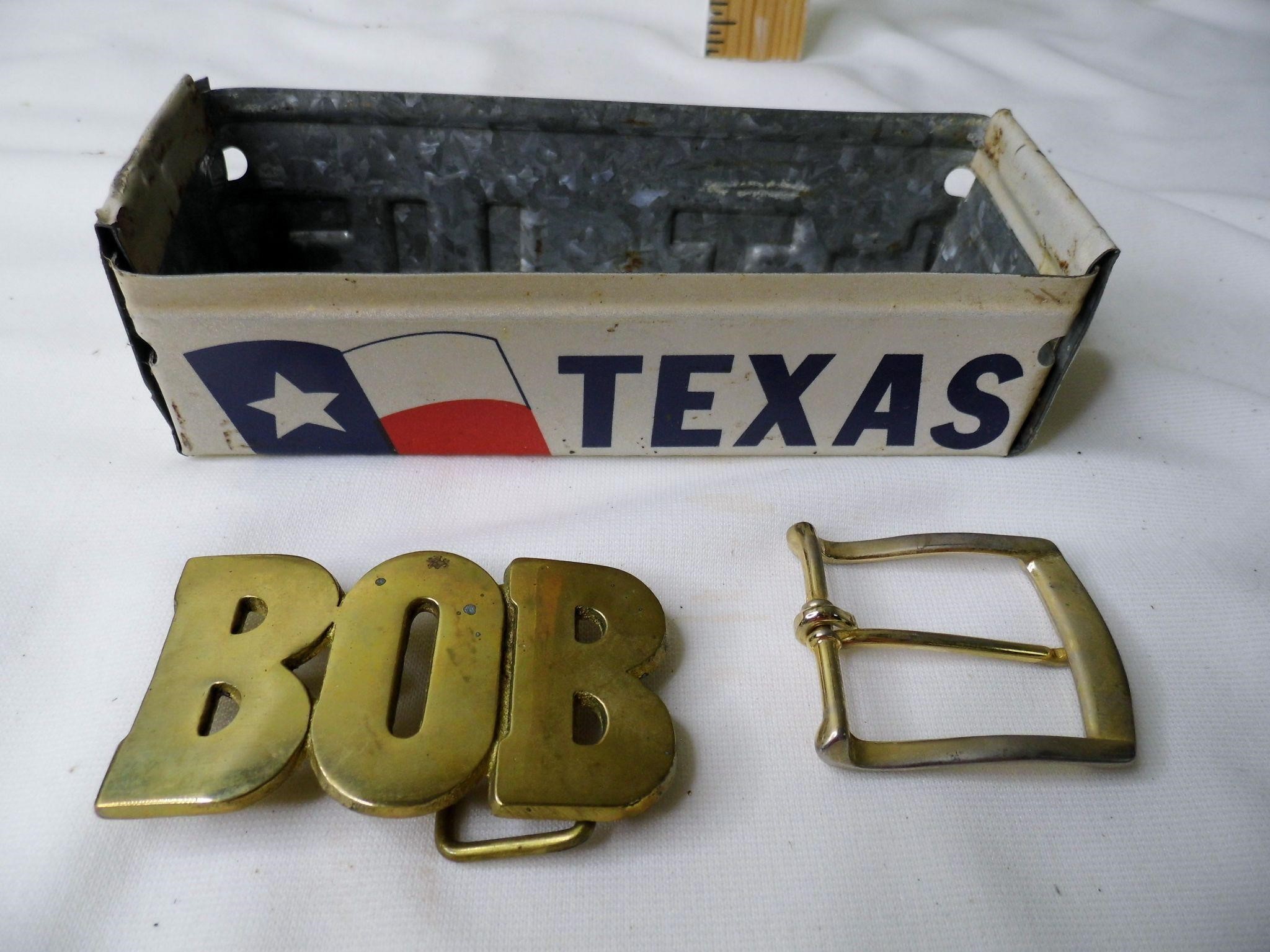 License Tag Box & 2 Brass Belt Buckles